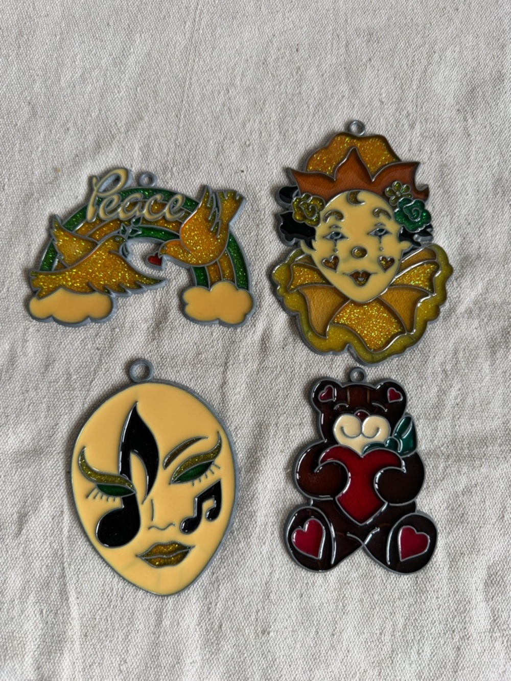 Vintage Faux Stained Glass Suncatchers 90s Peace Rainbow Bear Clown Retro Kitsch